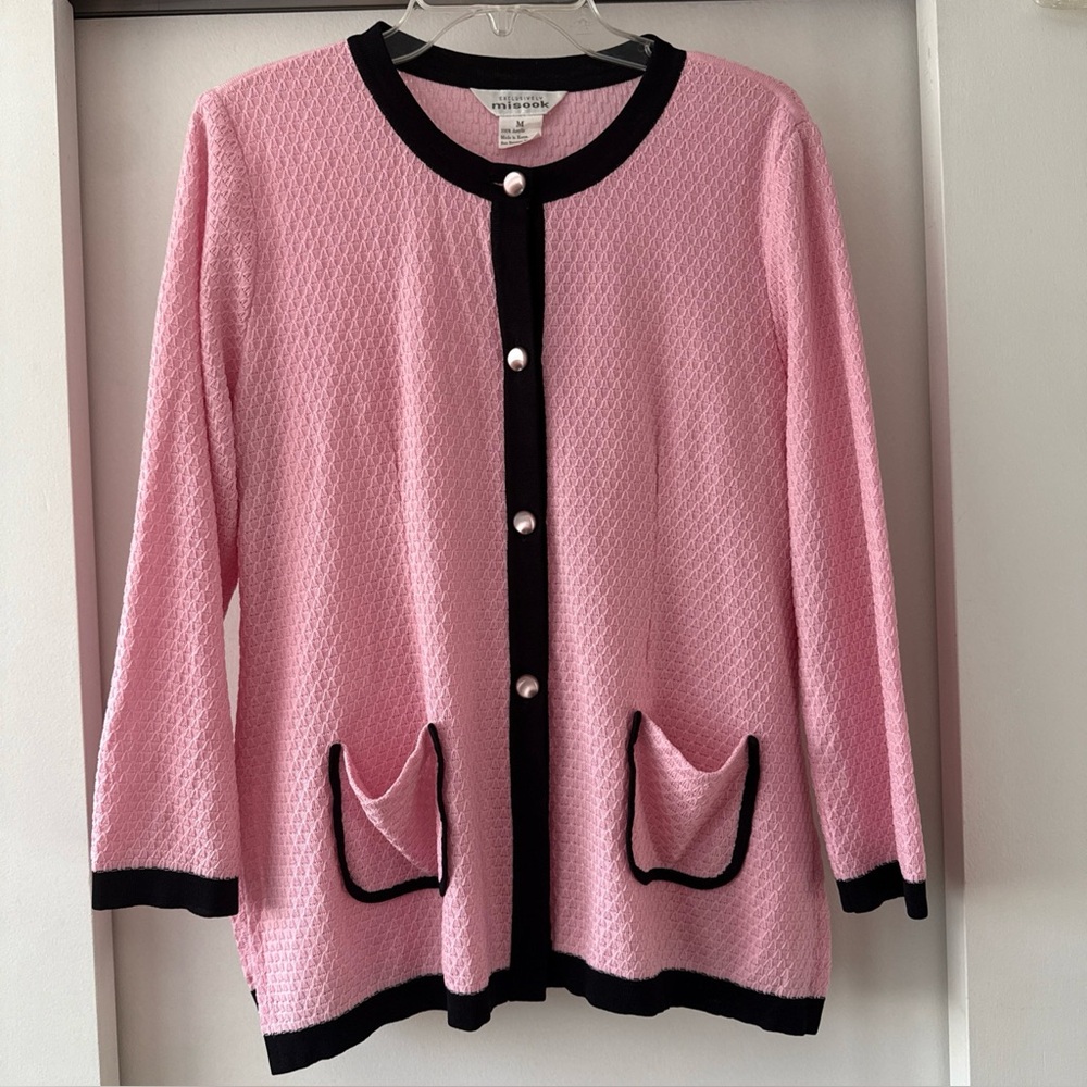 Exclusively Misook Button Front Cardigan Sweater Women’s M Pink Black Pockets
